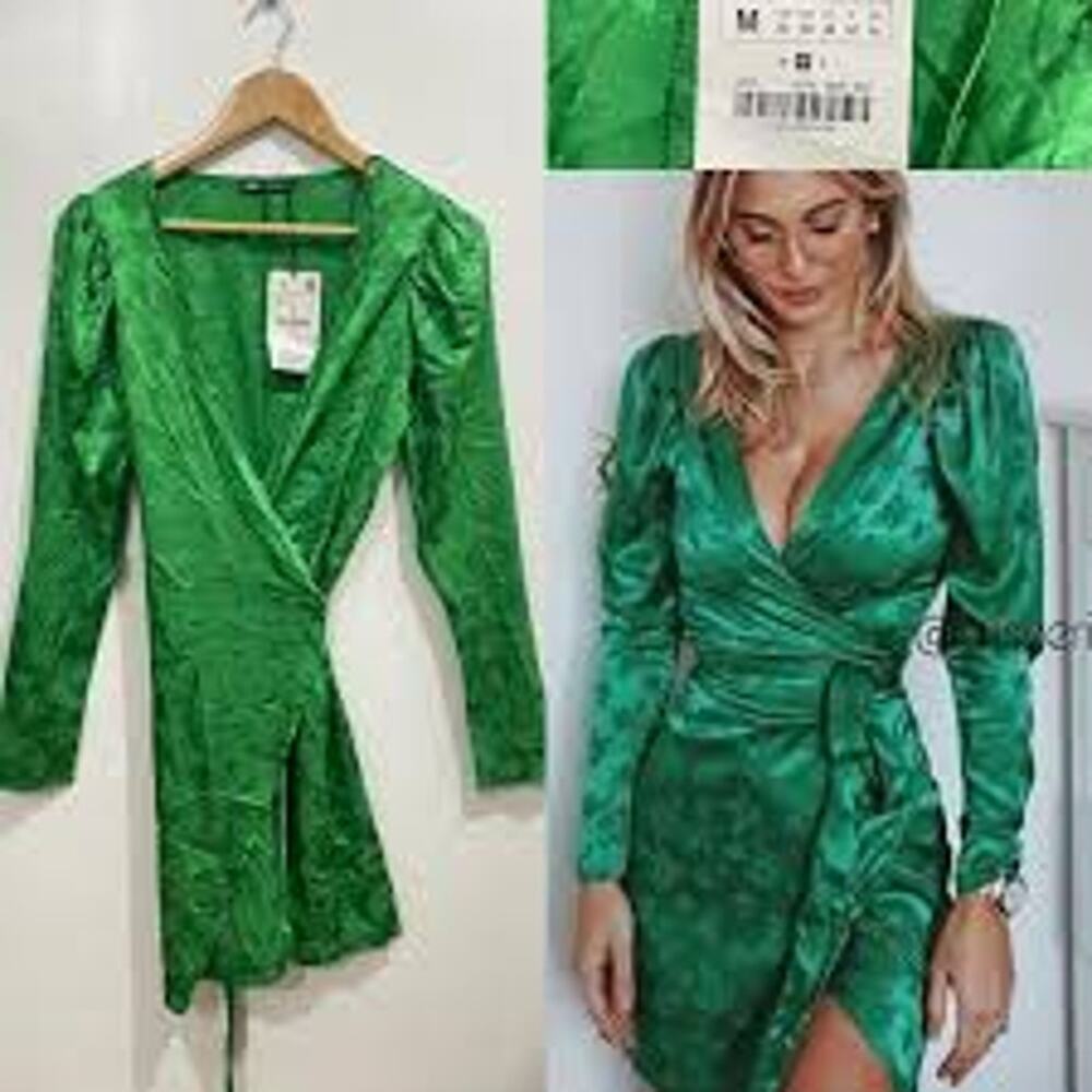 ZARA Satin Wrap Mini Dress in Green Long Sleeve Small S